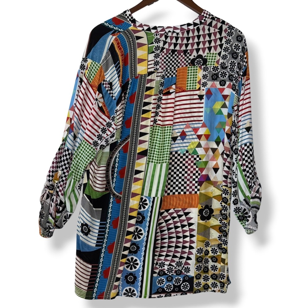 Shana Tunic Top Blouse XL Patchwork 100% Viscose Silk Boho Art To Wear Roll Tab - Picture 2 of 14